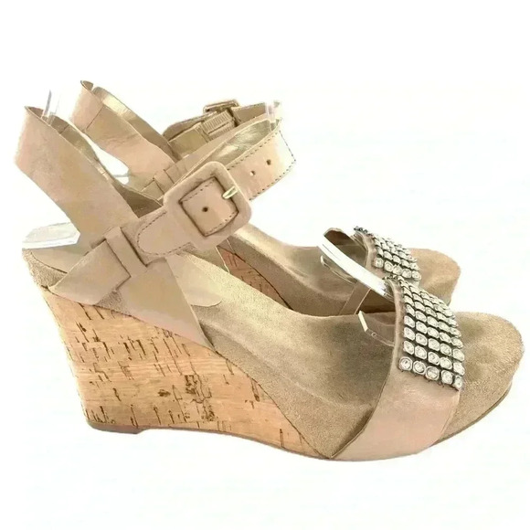 Nine West womens heels size 6.5 SusantJ taupe leather gem platform wedges - Picture 13 of 13